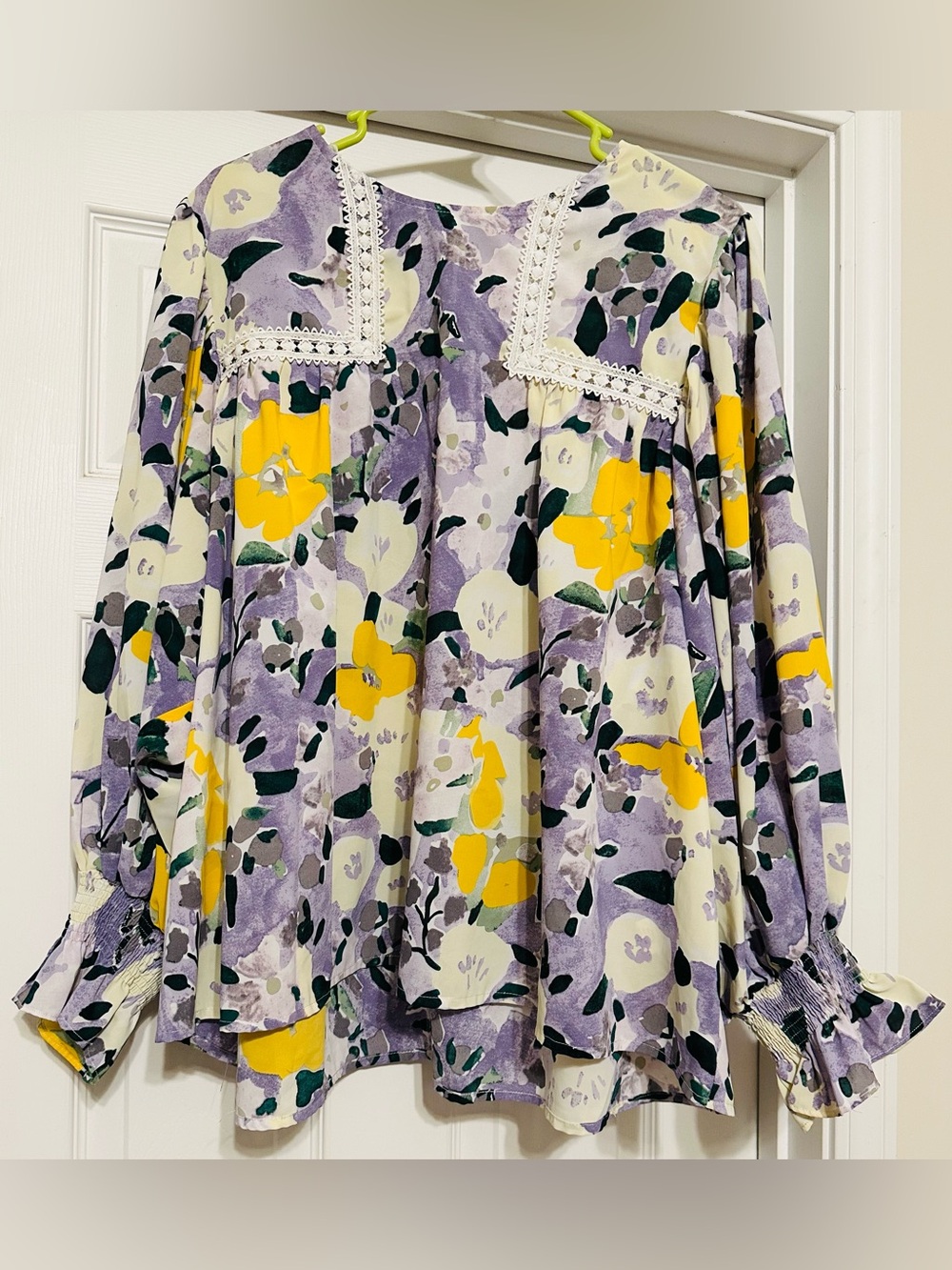 entro Floral Lace-Yoke Blouse - Lavender, Yellow & Cream